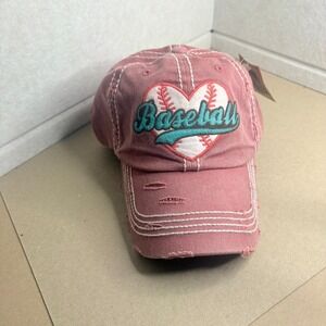 Distressed Baseball Heart Patch Hat Womens Vintage Red Adjustable Cap NWT